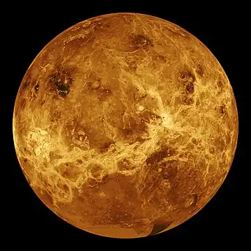 Image 6Geology of VenusImage credit: NASAA radar image of the surface of Venus, centered at 180 degrees east longitude. This composite image was created from mapping by the Magellan probe, supplemented by data gathered by the Pioneer orbiter, with simulated hues based on color images recorded by Venera 13 and 14. No probe has been able to survive more than a few hours on Venus's surface, which is completely obscured by clouds, because the atmospheric pressure is some 90 times that of the Earth's, and its surface temperature is around 450 °C (842 °F).More selected pictures