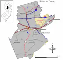 Location of Warren Township in Somerset County highlighted in yellow (right). Inset map: Location of Somerset County in New Jersey highlighted in black (left).
Interactive map of Warren Township, New Jersey