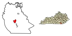 Location of Williamsburg in Whitley County, Kentucky.