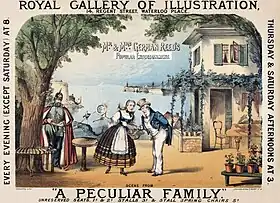 Theatre poster depicting young woman talking to old man, watched by spy in Prussian military uniform