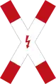 Sign 201-51 / 201-53Crossbuck with lightning rod. Yield the right-of-way to railborne vehicles; the tracks possess overhead electrical wires