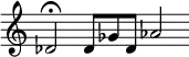 \new Staff \with { \remove "Time_signature_engraver" }
\relative c' { \time 3/2 \tempo 4 = 133
\set Score.tempoHideNote = ##t \set Staff.midiInstrument = #"marimba"
des2\fermata des8 ges des as'2
}