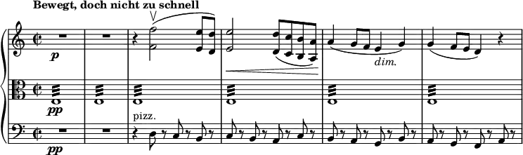 { \new PianoStaff <<
\new Staff \relative f' { \set Staff.midiInstrument = #"paino" \key a \minor \clef treble \time 2/2 \set Score.tempoHideNote = ##t \tempo "Bewegt, doch nicht zu schnell" 4 = 120
R1*2\p | % 3
r4 <f f'>2 (
\upbow <e e'>8 <d d'>8 ) | % 4
<e e'>2 \< <d d'>8 ( <c c'>8 <b b'>8 <a a'>8 ) | % 5
a'4 \! ( g8 f8 e4 _\markup{ \italic {dim.} } g4 ) | % 6
g4 ( f8 e8 d4 ) r4 }
\new Staff \relative e { \set Staff.midiInstrument = #"piano" \key a \minor \clef alto \time 2/2
e1 \pp :32 | % 2
e1 :32 | % 3
e1 :32 | % 4
e1 :32 | % 5
e1 :32 | % 6
e1 :32 }
\new Staff \relative d { \set Staff.midiInstrument = #"piano" \key a \minor \clef bass \time 2/2
R1*2\pp | % 3
r4 ^"pizz." d8 r8 c8 r8 b8 r8 | % 4
c8 r8 b8 r8 a8 r8 c8 r8 | % 5
b8 r8 a8 r8 g8 r8 b8 r8 | % 6
a8 r8 g8 r8 f8 r8 a8 r8 }
>> }