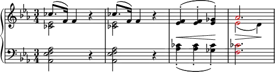{
\new PianoStaff <<
\new Staff <<
\new Voice \relative c'' {
\clef treble \key es \major \time 3/4
\override DynamicLineSpanner.staff-padding = #4
\stemUp ces8.^( f,16) f4 r4 ces'8.^( f,16) f4 r4 <es f>^.^(\< <es f>^. <es ges>^.)\! \once \override NoteHead.color = #red aes2.
}
\new Voice \relative c' {
\stemDown <ces es>2 s4 <ces es>2 s4 s2. \once \override NoteHead.color = #red es2_(\> d4)\!
}
>>
\new Staff <<
\relative c {
\clef bass \key es \major \time 3/4
<aes es' f aes>2 r4 <aes es' f aes>2 r4 <aes' ces>4_._( <aes ces>_. <ges ces>_.) \once \override NoteHead.color = #red <f ces'>2.
}
>>
>> }
