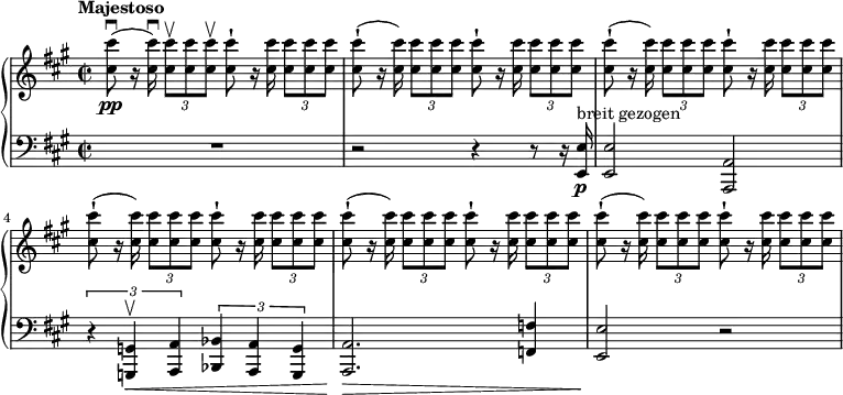 { \new PianoStaff <<
\new Staff \relative cis'' { \set Staff.midiInstrument = #"piano" \key a \major \clef treble \time 2/2 \set Score.tempoHideNote = ##t \tempo "Majestoso" 2 = 54
<cis cis'>8 \pp ( \downbow r16 <cis
cis'>16\noBeam ) \downbow \once \override TupletBracket #'stencil = ##f
\times 2/3 {
<cis cis'>8 \upbow <cis cis'>8 <cis cis'>8 \upbow
}
<cis cis'>8 -! r16 <cis cis'>16\noBeam \once \override TupletBracket
#'stencil = ##f
\times 2/3 {
<cis cis'>8 <cis cis'>8 <cis cis'>8
}
| % 2
<cis cis'>8 ( -! r16 <cis cis'>16\noBeam ) \once \override TupletBracket
#'stencil = ##f
\times 2/3 {
<cis cis'>8 <cis cis'>8 <cis cis'>8
}
<cis cis'>8 -! r16 <cis cis'>16\noBeam \once \override TupletBracket
#'stencil = ##f
\times 2/3 {
<cis cis'>8 <cis cis'>8 <cis cis'>8
}
| % 3
<cis cis'>8 ( -! r16 <cis cis'>16\noBeam ) \once \override TupletBracket
#'stencil = ##f
\times 2/3 {
<cis cis'>8 <cis cis'>8 <cis cis'>8
}
<cis cis'>8 -! r16 <cis cis'>16\noBeam \once \override TupletBracket
#'stencil = ##f
\times 2/3 {
<cis cis'>8 <cis cis'>8 <cis cis'>8
}
| % 4
<cis cis'>8 ( -! r16 <cis cis'>16\noBeam ) \once \override TupletBracket
#'stencil = ##f
\times 2/3 {
<cis cis'>8 <cis cis'>8 <cis cis'>8
}
<cis cis'>8 -! r16 <cis cis'>16\noBeam \once \override TupletBracket
#'stencil = ##f
\times 2/3 {
<cis cis'>8 <cis cis'>8 <cis cis'>8
}
| % 5
<cis cis'>8 ( -! r16 <cis cis'>16\noBeam ) \once \override TupletBracket
#'stencil = ##f
\times 2/3 {
<cis cis'>8 <cis cis'>8 <cis cis'>8
}
<cis cis'>8 -! r16 <cis cis'>16\noBeam \once \override TupletBracket
#'stencil = ##f
\times 2/3 {
<cis cis'>8 <cis cis'>8 <cis cis'>8
}
| % 6
<cis cis'>8 ( -! r16 <cis cis'>16\noBeam ) \once \override TupletBracket
#'stencil = ##f
\times 2/3 {
<cis cis'>8 <cis cis'>8 <cis cis'>8
}
<cis cis'>8 -! r16 <cis cis'>16\noBeam \once \override TupletBracket
#'stencil = ##f
\times 2/3 {
<cis cis'>8 <cis cis'>8 <cis cis'>8
}
}
\new Staff \relative e, { \set Staff.midiInstrument = #"piano" \key a \major \clef bass \time 2/2
R1 | % 2
r2 r4 r8 r16 <e e'>16 \p ^\markup{ {breit gezogen} } | % 3
<e e'>2 <a, a'>2 | % 4
\times 2/3 {
r4 <g g'>4 \< \upbow <a a'>4
}
\times 2/3 {
<bes bes'>4 <a a'>4 <g g'>4
}
| % 5
<a a'>2. \! \> <f' f'>4 | % 6
<e e'>2 \! r2 }
>> }