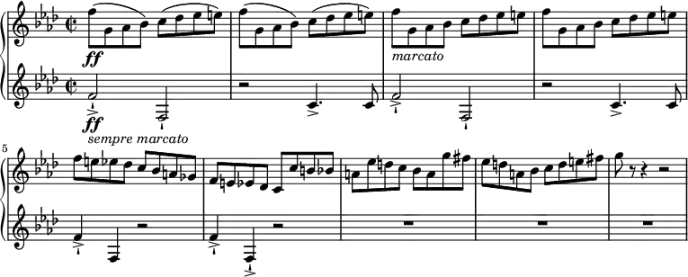 \relative c'' {
\new PianoStaff <<
\new Staff {
\set Staff.midiInstrument = #"piano" \key f \minor \clef treble \time 2/2 \set Score.tempoHideNote = ##t \tempo 4 = 120
f8 \ff ( g,8 as8 bes8 ) c8 ( des8 es8 e8 ) |
f8 ( g,8 as8 bes8 ) c8 ( des8 es8 e8 ) |
f8 _\markup{ \italic { marcato } } g,8 as8 bes8 c8 des8 es8 e8 |
f8 g,8 as8 bes8 c8 des8 es8 e8 |
f8 e8 es8 des8 c8 bes8 a8 ges8 |
f8 e8 es8 des8 c8 c'8 b8 bes8 |
a8 es'8 d8 c8 bes8 a8 g'8 fis8 |
es8 d8 a8 bes8 c8 d8 e8 fis8 |
g8 r8 r4 r2 |
}
\new Staff {
\set Staff.midiInstrument = #"piano" \key f \minor \clef treble \time 2/2
f,2 \ff _\markup { \italic { sempre marcato } } -! -> f,2 -! |
r2 c'4. -> c8 |
f2 -> -! f,2 -! |
r2 c'4. -> c8 |
f4 -> -! f,4 r2 |
f'4 -> -! f,4 -! -> r2 |
R1*3
}
>>
}