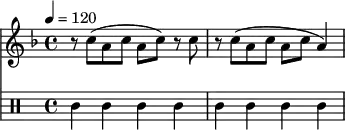 <<
\new Staff {
\set Staff.midiInstrument = #"clarinet"
\tempo 4 = 120
\relative c' {
\time 4/4
\key f \major
r8 c'8( a8 c8 a8 c8) r8 c8 r8 c8( a8 c8 a8 c8 a4)
}
}
\drums {
ssl4 4 4 4 4 4 4 4
}
>>