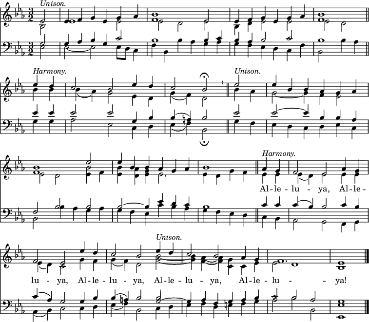 << <<
\new Staff { \clef treble \time 3/2 \partial 2 \key es \major \set Staff.midiInstrument = "church organ" \set Score.tempoHideNote = ##t \override Score.BarNumber #'transparent = ##t
\relative c'
<< { es2^\markup { \italic "Unison." } | es4 f g es g as | <bes f>1 es,2 | es4 f g es g as | <bes f>1 \bar"||" \break
es4^\markup { \italic "Harmony." } d | c2 bes es4 d | c2 bes\fermata \breathe \bar"||" es2^\markup { \italic "Unison." } | es4 bes bes as g as | \break <bes f>1 es2 | es4 bes bes as g as | bes1 \bar"||"
as4^\markup { \italic "Harmony." } g | f2 es as4 g | \break f2 es es'4 d | c2 bes es4^\markup { \italic "Unison." } d | c2 bes as4 g | f1. | es1 \bar"|." } \\
{ bes2 | es1 es2 | es2 d es | bes4 d es2 es2 | es2 d
bes'4 bes | bes( as) g2 es4 d | g( f) d2 bes'4 as | g2~ g4 f es2 | es d es4 f | <bes es,> <as d,> <g es> es2. | es4 d g f
es4 es | es( d) es2 es4 es | es( d) c2 g'4 f | g( f) d2 <bes' g>~ | <bes g>4 <as f>4~ <as f> <g c,> c, es | es2 d1 | bes } \\
{ s2 | s1. | s1. | s1. | s1
s2 | s1. | s1. | s1. | s1 \stemDown \once \override NoteColumn.force-hshift = 0 bes'2 } >> %necessary for that one note
}
\new Lyrics \lyricmode {
""2 | ""1. ""1. ""1. ""1
""2 | ""1. ""1. ""1. ""1. ""1. ""1
Al4 -- le -- lu2 -- ya, Al4 -- le -- lu2 -- ya,
Al4 -- le -- lu2 -- ya, Al4 -- le -- lu2 -- ya,
Al4 -- le -- lu1. -- ya!1
}
\new Staff { \clef bass \key es \major \set Staff.midiInstrument = "church organ"
\relative c'
<< { g2 | g4 as bes g c2 | bes1 bes4 c | bes as bes2 c | bes1
es4 es | es2 es g,4 bes | bes( a) bes2 es2 | es2~ es4 bes bes as | f2 bes bes | bes~ bes4 es d c | bes1
c4 c | c( bes) bes2 c4 bes | c( as) g2 g4 bes | bes( a) bes2 g2~ | g4 as f g as bes | c2 bes as | g1 } \\
{ es2 | es~ es2 es8 d c4 f | bes, bes'4 as g as | g f es d c f | bes,2 bes'4 as
g g | as2 es c4 d | es( f) bes,2\fermata g'4 f | es d c d es c | bes2 bes'4 as g as | g f es c' bes as | g f es d
c bes | as2 g f4 g | as( bes) c2 c4 d | es( f) bes,2 c4 d | es f d e f g | as2 bes bes, | <es es,>1 } \\
{ s2 | s1. | s1. | s1. | s1
s2 | s1. | s1. | s1. | s1. | s1. | s1
s2 | s1. | s1. | s1 \stemUp \once \override NoteColumn.force-hshift = 0 bes'2 } >> %necessary for that one note
}
>> >>
\layout { indent = #0 }
\midi { \tempo 2 = 70 }
