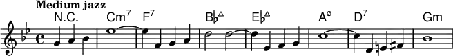 \relative c' {
\partial 2.
<<
\new ChordNames {
\set chordChanges = ##t
\chordmode { r2. c1:m7 f:7 bes:maj7 ees:maj7 a:m7.5- d:7 g:m}
}
\new Staff {
\tempo "Medium jazz"
\key g \minor
g'4 a bes | ees1~ | ees4 f, g a | d2 d2~ | d4 ees, f g | c1~ | c4 d, e fis bes1
}
>>
}