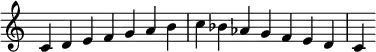 {
\override Score.TimeSignature #'stencil = ##f
\relative c' {
\clef treble \time 7/4 c4 d e f g a b c bes aes g f e d c
} }