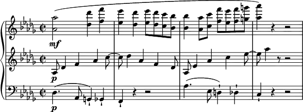 \relative c'' {
\new PianoStaff <<
\new Staff {
\set Staff.midiInstrument = #"piano" \key des \major \clef treble \time 2/2 \set Score.tempoHideNote = ##t \tempo 2 = 50
<as as'>2 \mf ( <des des'>4 <f f'>4 |
<es es'>4 <des des'>4 <es es'>8 <des des'>8 <c c'>8 <bes bes'>8 |
<bes bes'>4 <as as'>8 <c c'>8 <f f'>8 <es es'>8 <f f'>8 <g g'>8 |
<as as'>4 ) r4 r2 |
}
\new Staff {
\set Staff.midiInstrument = #"piano" \key des \major \clef treble \time 2/2
as,,8 \p des4 f4 as4 c8 ~ |
c8 des4 as4 f4 des8 |
as8 es'4 as4 c4 es8 ~ | % 4
es8 as4 r8 r2 |
}
\new Staff {
\set Staff.midiInstrument = #"piano" \key des \major \clef bass \time 2/2
des,,,4. \p ( as8 g4 ) -! ges4 -! |
f4 -! r4 r2 |
as'4. ( es8 d4 ) -! des4 -! |
c4 -! r4 r2 |
}
>>
}