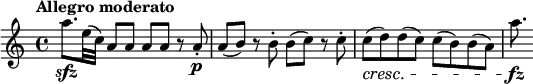 \relative c''' {
\key a \minor
\tempo "Allegro moderato"
a8.\sfz e32 (c) \repeat unfold 4 {a8} r8 a-.\p a (b) r b-. b (c) r c-. c\cresc (d) d (c) c (b) b (a) a'8.\fz
}
