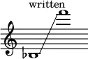 {
\new Staff \with { \remove "Time_signature_engraver" }
\clef treble \key c \major ^ \markup "written" \cadenzaOn
bes1 \glissando f'''1
}