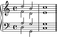 {
\new PianoStaff <<
\new Staff <<
\new Voice \relative c'' {
\stemUp \clef treble \key c \major \time 4/4
d2 b c1
}
\new Voice \relative c' {
\stemDown
f2 d e1
}
>>
\new Staff <<
\new Voice \relative c' {
\stemUp \clef bass \key c \major
a2 g g1
}
\new Voice \relative c {
\stemDown
d2 g, c1 \bar "||"
}
>>
>> }