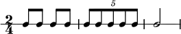 \new RhythmicStaff {
\clef percussion
\time 2/4
\set Score.tempoHideNote = ##t \tempo 4 = 100
c8 c c c
\tuplet 5/4 { c8 c c c c }
c2
}