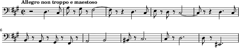 \relative c {
\new Staff {
\key fis \minor \time 2/2 \clef bass \tempo "Allegro non troppo e maestoso"
<<
{
r2 d4. cis8 a' r gis r fis2 ~ fis8 r r4 d4. cis8 e r d r cis2 ~
cis8 r r4 d4. cis8 b r a r gis r fis r a2 b2 bis8 r cis2. cis8 r d2. d8 r eis,2.
}
>>
}
}