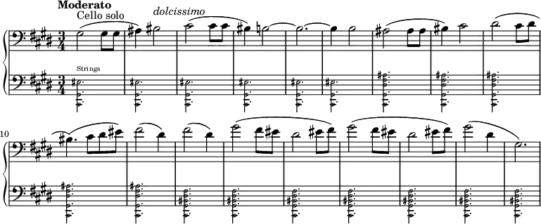 { \new PianoStaff <<
\new Staff \relative c { \key e \major \time 3/4 \clef bass \tempo "Moderato" \set Staff.midiInstrument = #"cello" gis'2(^"Cello solo" gis8 gis8 ais4) bis2^\markup { \italic { dolcissimo } } cis2( cis8 cis8 bis4) b2~ b2.~ b4 b2 ais2( ais8 ais8 bis4) cis2 dis2( cis8 dis8 bis4.)( cis8 dis8 eis8) fis2( dis4) fis2( dis4) gis2( fis8 eis8 dis2 eis8 fis8) gis2( fis8 eis8 dis2 eis8 fis8) gis2( dis4 gis,2.)
}
\new Staff \relative c { \key e \major \time 3/4 \clef bass \set Staff.midiInstrument = #"strings"
\new CueVoice { \set Staff.midiInstrument = #"pizzicato strings"
\stemDown <eis gis, cis,>2.^"Strings" <eis gis, cis,>2. <eis gis, cis,>2. <eis gis, cis,>2. <eis gis, cis,>2. <eis gis, cis,>2. < ais fis dis gis, cis,>2. < ais fis dis gis, cis,>2. < ais fis dis gis, cis,>2. < ais fis dis gis, cis,>2. < ais fis dis gis, cis,>2. < fis dis bis gis cis,>2. < fis dis bis gis cis,>2. < fis dis bis gis cis,>2. < fis dis bis gis cis,>2. < fis dis bis gis cis,>2. < fis dis bis gis cis,>2. < fis dis bis gis cis,>2.
}}
>> }