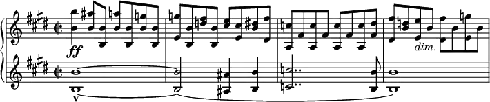 { \new PianoStaff <<
\new Staff \relative b' { \set Staff.midiInstrument = #"paino" \key e \major \clef treble \time 2/2 \set Score.tempoHideNote = ##t \tempo 4 = 120
<b b'>4 \ff <b ais'>8 <b, b'>8 <b' a'>8 <b, b'>8 <b' g'>8 <b, b'>8 | % 2
<e g'>8 <b b'>8 <d' fis>8 <b, b'>8 <cis' e>8 <e, cis'>8 <b' dis>8
<dis, fis'>8 | % 3
<a c'>8 fis'8 <a, c'>8 fis'8 <a, c'>8 fis'8 <a, c'>8 <fis' dis'>8 | % 4
<dis fis'>8 <b' d>8 <e, e'>8 _\markup{ \italic {dim.} } b'8 <dis,
fis'>8 b'8 <e, g'>8 b'8 }
\new Staff \relative b { \set Staff.midiInstrument = #"piano" \key e \major \clef treble \time 2/2
<b b'>1 ~ _^ ~ | % 2
<b b'>2 ( <ais ais'>4 <b b'>4 | % 3
<c c'>2.. <b b'>8 | % 4
<b b'>1 ) }
>> }