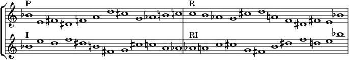 {
#(set-global-staff-size 17)
\override Score.TimeSignature
#'stencil = ##f
\override Score.SpacingSpanner.strict-note-spacing = ##t
\set Score.proportionalNotationDuration = #(ly:make-moment 3/1)
\new StaffGroup <<
\new Staff
\relative c'' {
\time 12/1
bes1^\markup { P } e, fis dis f a d cis g aes b c
c^\markup { R } b aes g cis d a f dis fis e bes'
}
\new Staff {
\relative c'' {
bes1^\markup { I } e d f dis b fis g cis c a aes
aes^\markup { RI } a c cis g fis b dis f d e bes'
} }
>>
}
